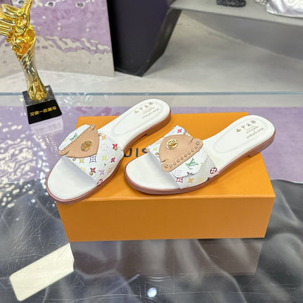 LV 26S FLAT SLIDE SANDALS IN WHITE MULTICOLOR CALFSKIN GOLD HARDWARE
