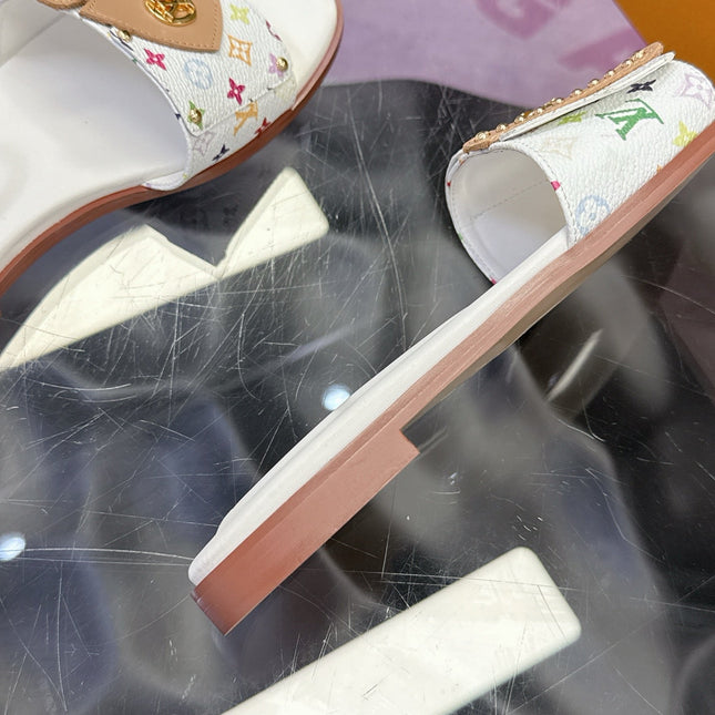 LV 26S FLAT SLIDE SANDALS IN WHITE MULTICOLOR CALFSKIN GOLD HARDWARE