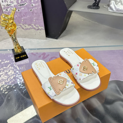 LV 26S FLAT SLIDE SANDALS IN WHITE MULTICOLOR CALFSKIN GOLD HARDWARE