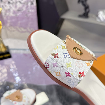 LV 26S FLAT SLIDE SANDALS IN WHITE MULTICOLOR CALFSKIN GOLD HARDWARE