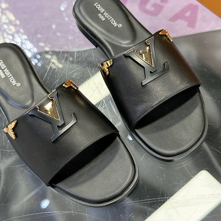 LV 26S FLAT SLIDE SANDALS IN BLACK CALFSKIN GOLD HARDWARE