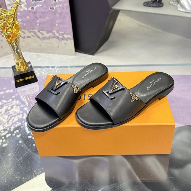 LV 26S FLAT SLIDE SANDALS IN BLACK CALFSKIN GOLD HARDWARE