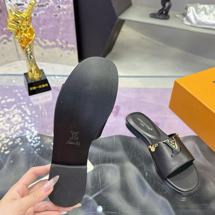 LV 26S FLAT SLIDE SANDALS IN BLACK CALFSKIN GOLD HARDWARE