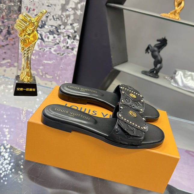 LV 26S FLAT SLIDE SANDALS IN BLACK EMBOSSED CALFSKIN GOLD HARDWARE