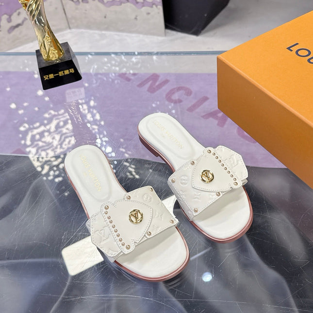 LV 26S FLAT SLIDE SANDALS IN WHITE EMBOSSED CALFSKIN GOLD HARDWARE