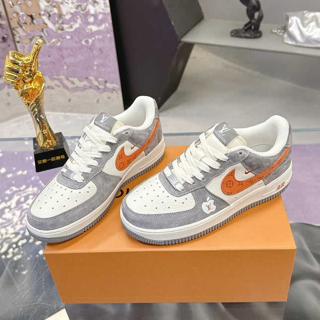 LV 26S DUNK LOW SNEAKERS IN WHITE GREY ORANGE MONOGRAM SWOOSH CALFSKIN