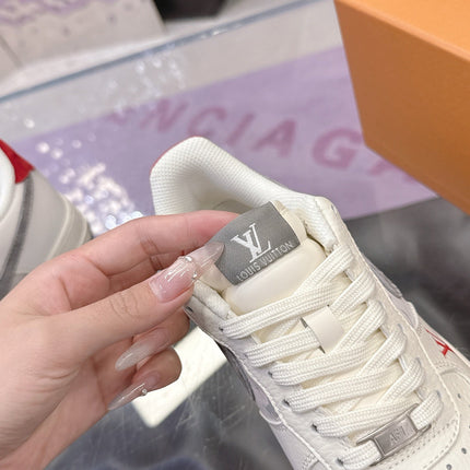 LV 26S DUNK LOW SNEAKERS IN WHITE GREY MONOGRAM SWOOSH CALFSKIN