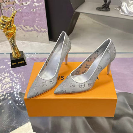 LV 26S GALA HIGH HEELS 85MM IN GREY MESH WITH WITH RHINESTONES