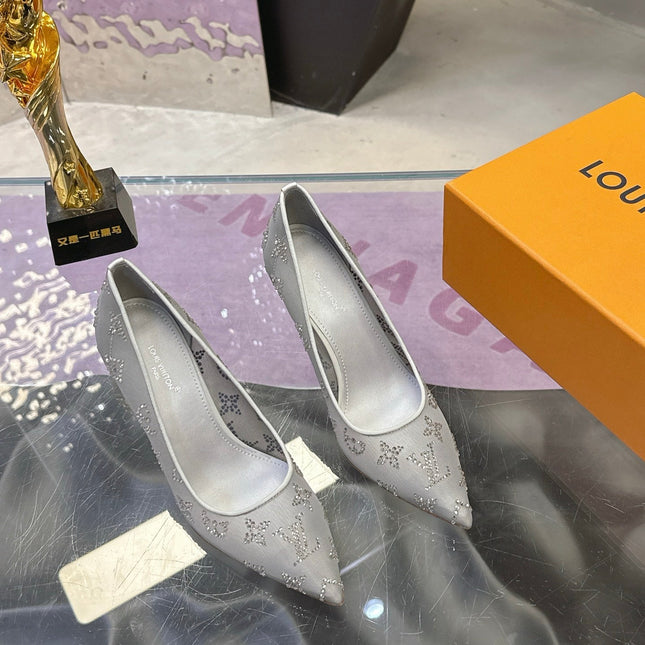 LV 26S GALA HIGH HEELS 85MM IN GREY MESH WITH WITH RHINESTONES