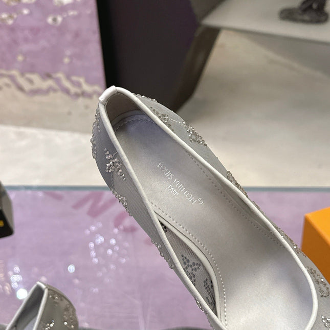 LV 26S GALA HIGH HEELS 85MM IN GREY MESH WITH WITH RHINESTONES