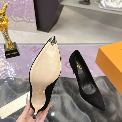 LV 26S POINTED TOE PUMPS 85MM IN BLACK SUEDE