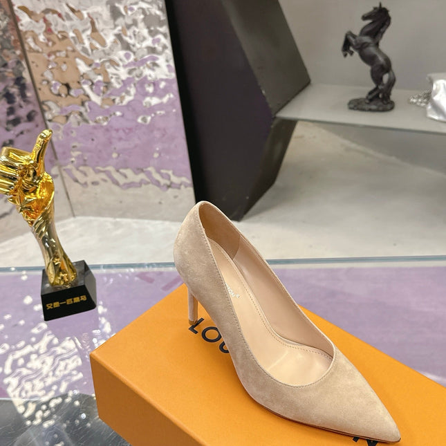 LV 26S POINTED TOE PUMPS 85MM IN NUDE BEIGE SUEDE
