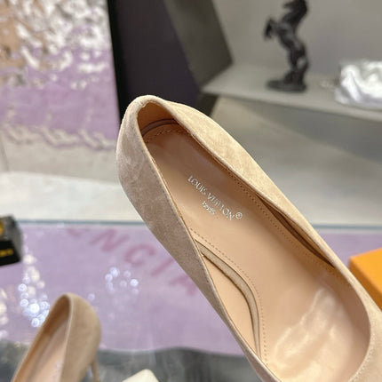 LV 26S POINTED TOE PUMPS 85MM IN NUDE BEIGE SUEDE