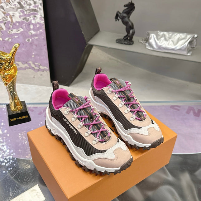 LV 26S RUSH XPLORER SNEAKER IN PINK BROWN SUEDE AND FABRIC