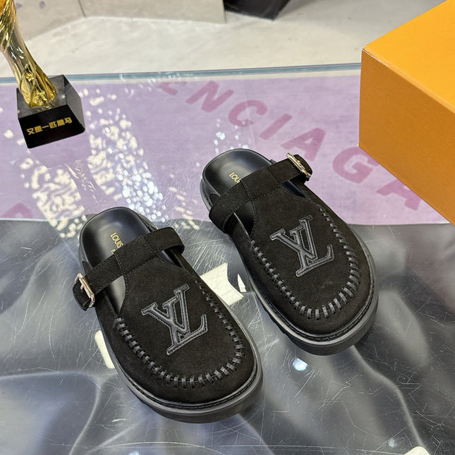 LV 26S MULE SLIDES IN BLACK SUEDE BUCKLE STRAP