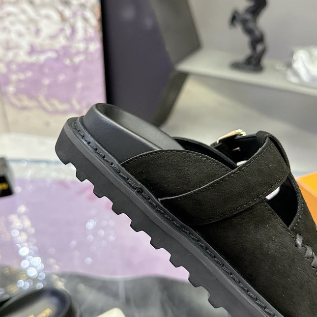 LV 26S MULE SLIDES IN BLACK SUEDE BUCKLE STRAP