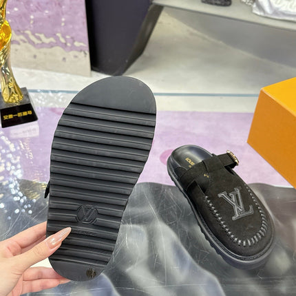 LV 26S MULE SLIDES IN BLACK SUEDE BUCKLE STRAP