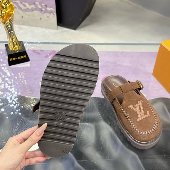 LV 26S MULE SLIDES IN DARK BROWN SUEDE BUCKLE STRAP