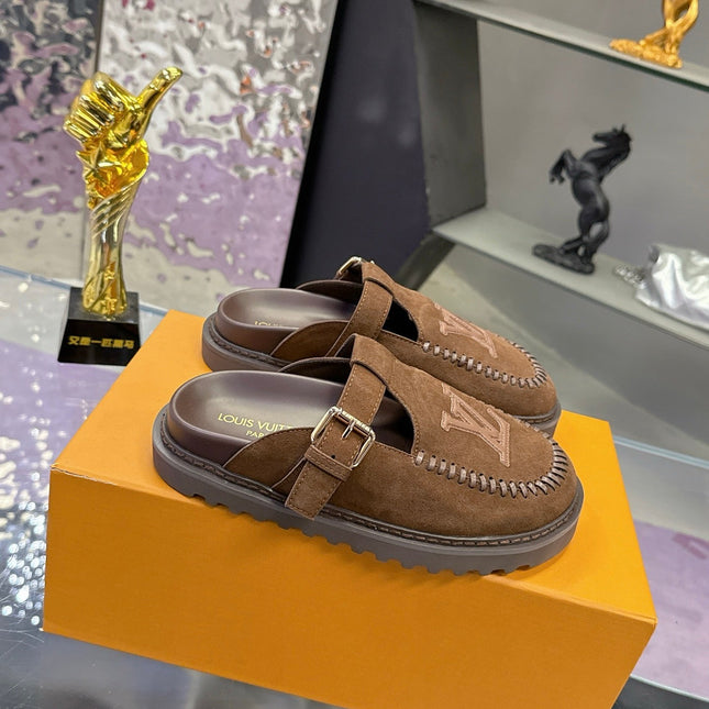 LV 26S MULE SLIDES IN DARK BROWN SUEDE BUCKLE STRAP