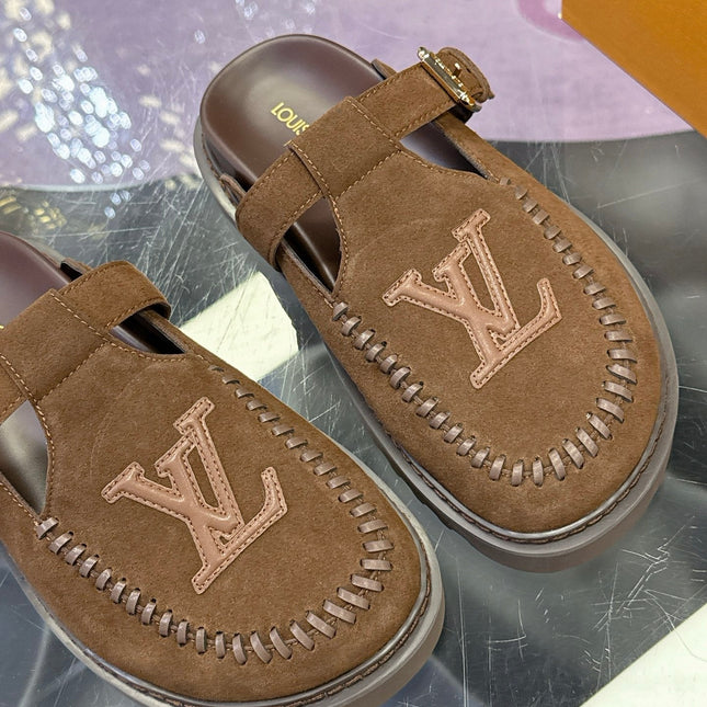 LV 26S MULE SLIDES IN DARK BROWN SUEDE BUCKLE STRAP