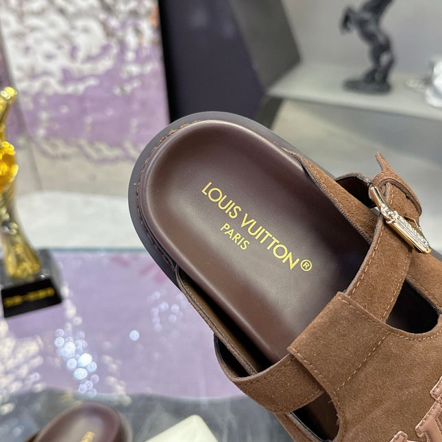 LV 26S MULE SLIDES IN DARK BROWN SUEDE BUCKLE STRAP