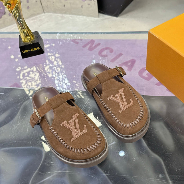 LV 26S MULE SLIDES IN DARK BROWN SUEDE BUCKLE STRAP