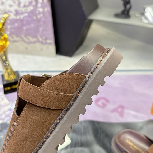 LV 26S MULE SLIDES IN DARK BROWN SUEDE BUCKLE STRAP