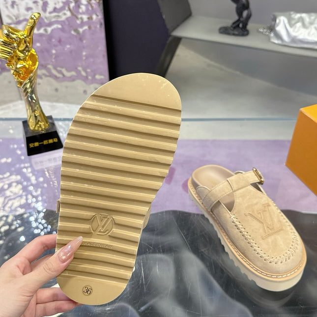 LV 26S MULE SLIDES IN BEIGE SUEDE BUCKLE STRAP