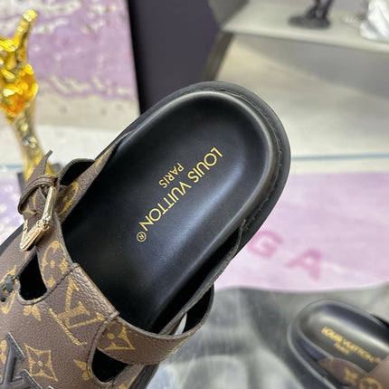 LV 26S MULE SLIDES IN DARK BROWN MONOGRAM CALFSKIN BUCKLE STRAP