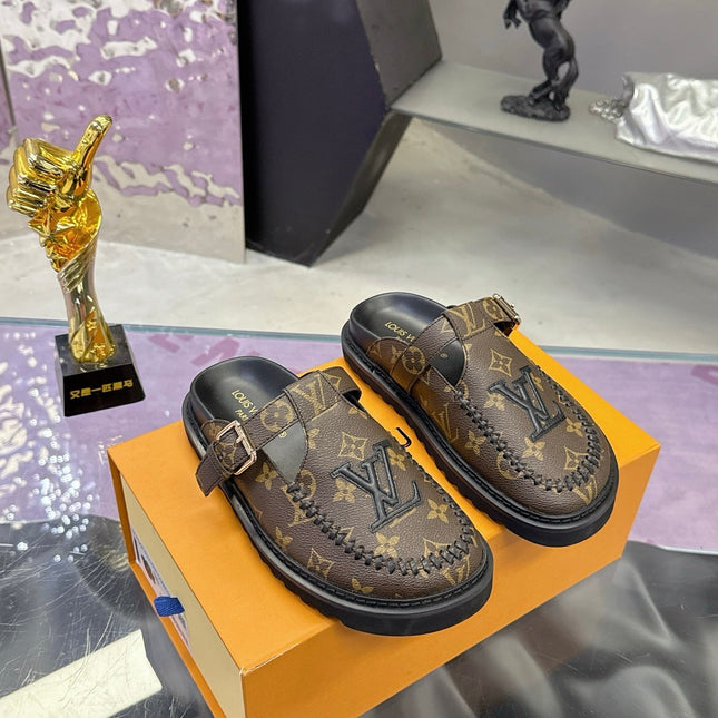 LV 26S MULE SLIDES IN DARK BROWN MONOGRAM CALFSKIN BUCKLE STRAP