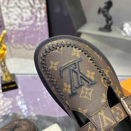 LV 26S MULE SLIDES IN DARK BROWN MONOGRAM CALFSKIN BUCKLE STRAP