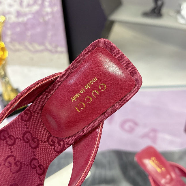 GUCCI 26S THONG KITTEN HEEL SANDALS 55MM IN BURGUNDY RED GG CANVAS