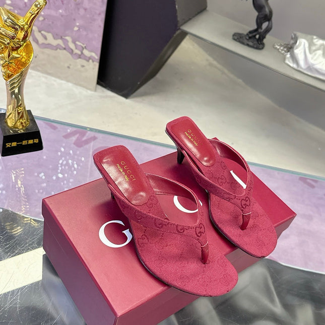 GUCCI 26S THONG KITTEN HEEL SANDALS 55MM IN BURGUNDY RED GG CANVAS