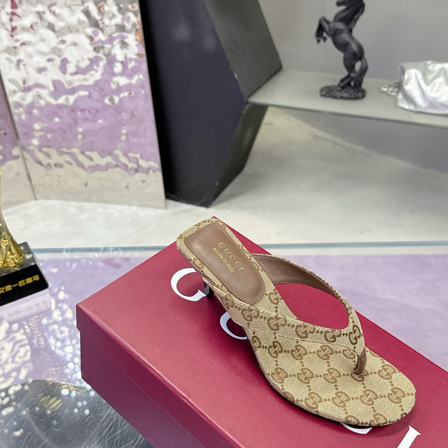 GUCCI 26S THONG KITTEN HEEL SANDALS 55MM IN BEIGE GG CANVAS