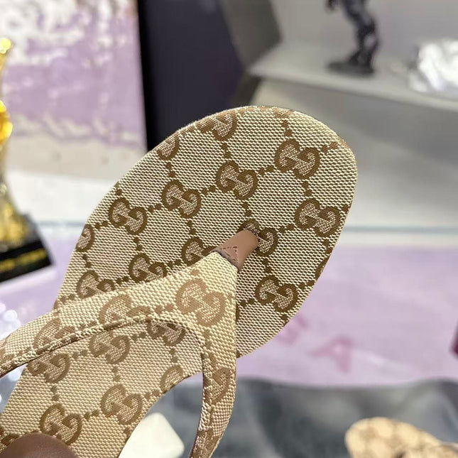 GUCCI 26S THONG KITTEN HEEL SANDALS 55MM IN BEIGE GG CANVAS