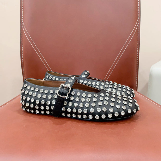 ALAIA MARY JANE SHOES IN BLACK LAMBKIN ATTACH RHINSTONES