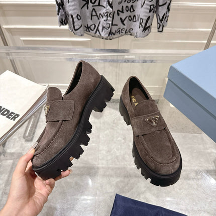 PRADA 26S PLATFORM LOAFERS 45MM IN DARK BROWN SUEDE