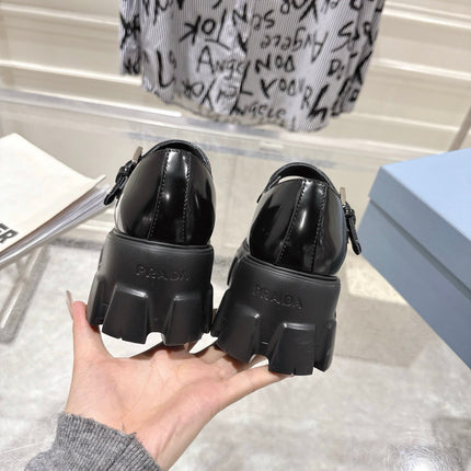 PRADA 26S MARY JANE SHOES 45MM IN BLACK SHINE CALFSKIN