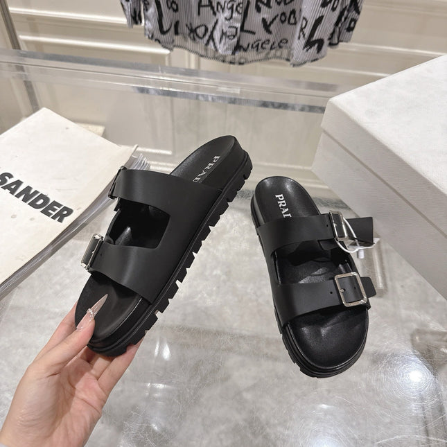 PRADA 26S SLIDES SANDALS IN BLACK CALFSKIN SILVER HARDWARE