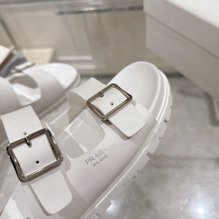 PRADA 26S SLIDES SANDALS IN WHITE CALFSKIN SILVER HARDWARE