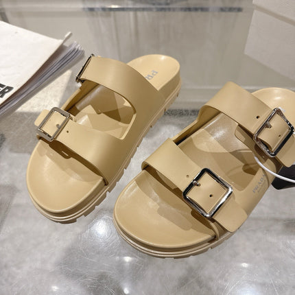 PRADA 26S SLIDES SANDALS IN BEIGE CALFSKIN SILVER HARDWARE
