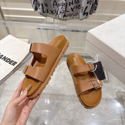 PRADA 26S SLIDES SANDALS IN CARAMEL BROWN CALFSKIN SILVER HARDWARE