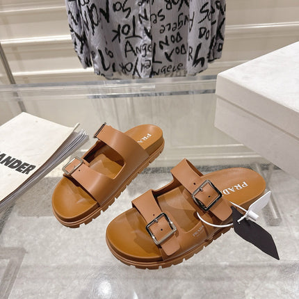 PRADA 26S SLIDES SANDALS IN CARAMEL BROWN CALFSKIN SILVER HARDWARE