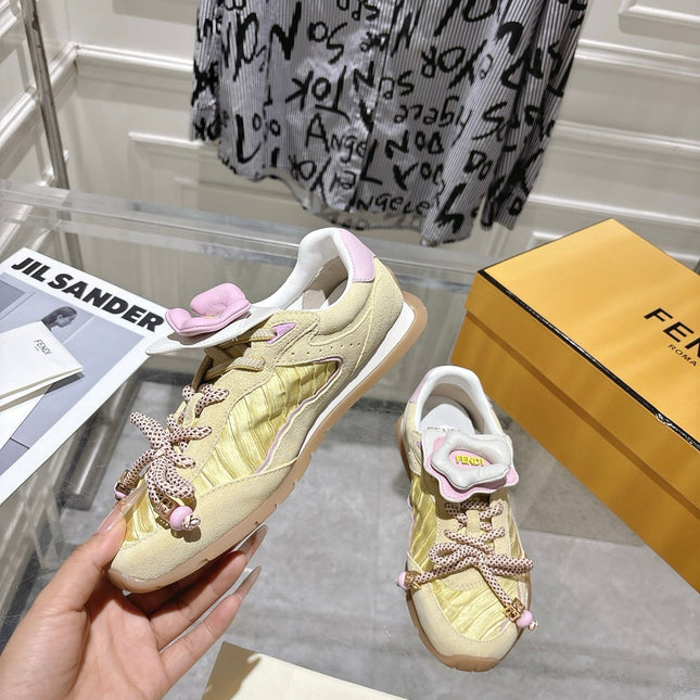 FENDI 26S SNEAKERS IN LIGHT YELLOW FABRIC AND SUEDE