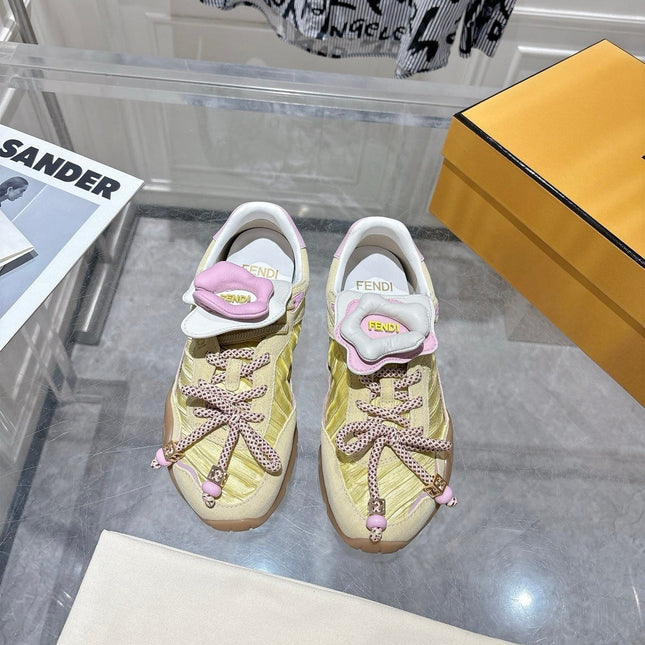 FENDI 26S SNEAKERS IN LIGHT YELLOW FABRIC AND SUEDE