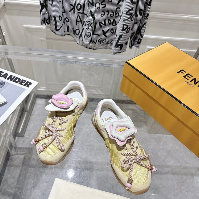 FENDI 26S SNEAKERS IN LIGHT YELLOW FABRIC AND SUEDE