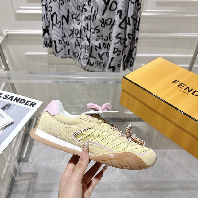 FENDI 26S SNEAKERS IN LIGHT YELLOW FABRIC AND SUEDE