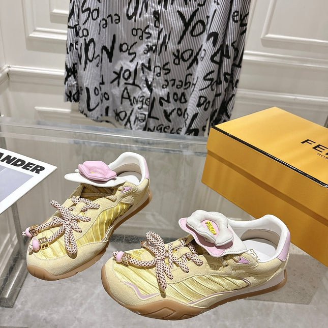 FENDI 26S SNEAKERS IN LIGHT YELLOW FABRIC AND SUEDE
