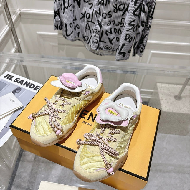 FENDI 26S SNEAKERS IN LIGHT YELLOW FABRIC AND SUEDE