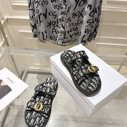 DIOR 26S SANDALS IN BLACK MIX WHITE OBLIQUE CANVAS